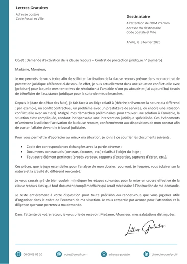 Une lettre de demande de prise en charge d'une protection juridique