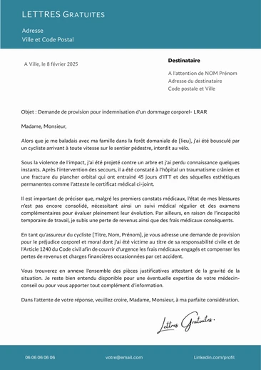 Une lettre de demande d'indemnisation après un accident corporel