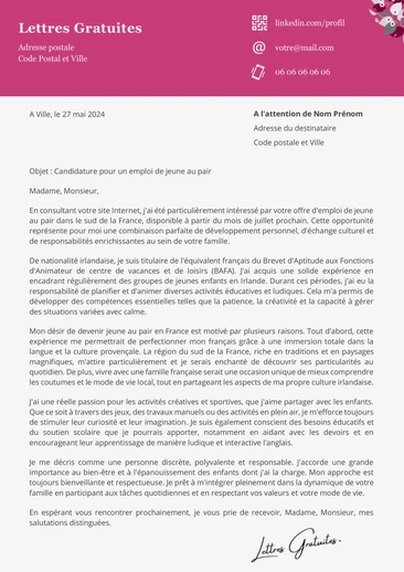 Une lettre de motivation d'un jeune au pair