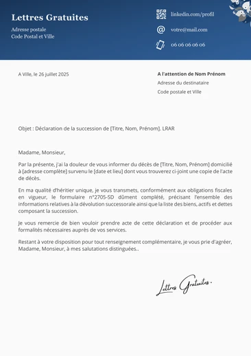 Une lettre de déclaration de succession aux impôts