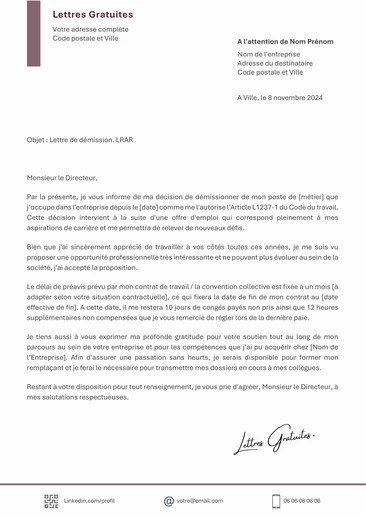 Une lettre de démission pour raison professionnelle