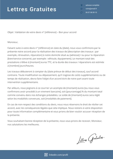 Un exemple de lettre d'acceptation d'un devis