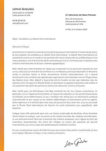 Une lettre de motivation pour un Master Droit International ou Européen