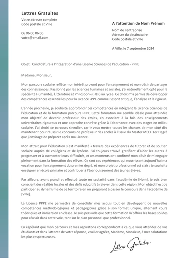 Une lettre de motivation pour la Licence PPPE