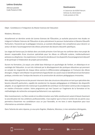 Une lettre de motivation pour un Master Sciences de l'Education