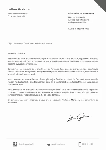 Une lettre de demande de rapatriement en France