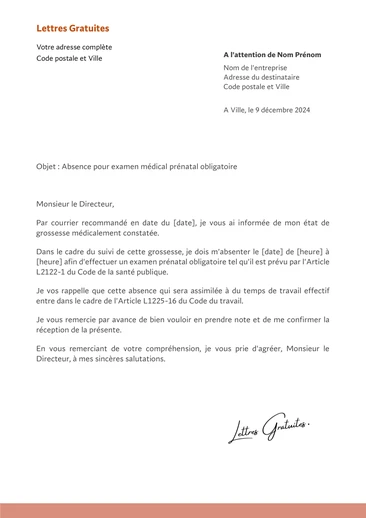 Exemple de lettre d'absence ou un examen de grossesse ou une PMA