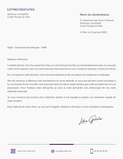 Une lettre de demande de déblocage d'une carte bancaire