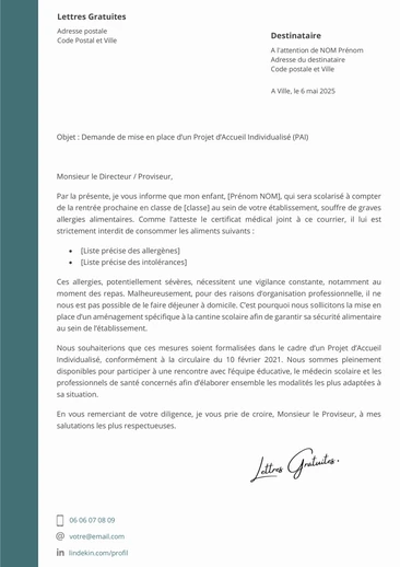 Une lettre de demande de PAI avec l'établissement scolaire de l'él