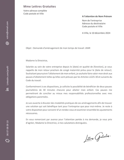 Lettre pour demander ses heures de grossesse