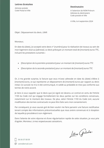 Une lettre de contestation d'une facture de travaux