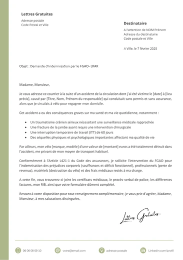 Une lettre de demande d'indemnisation par le FGAO