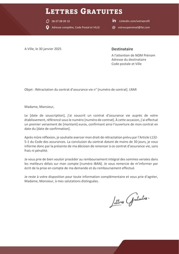 Une lettre de rétractation d'une assurance vie