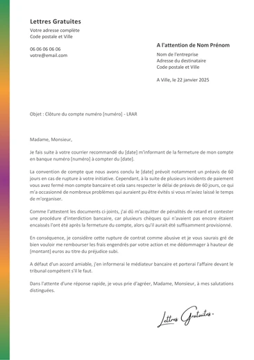 Une lettre de contestation après la clôture abusive de son compte b