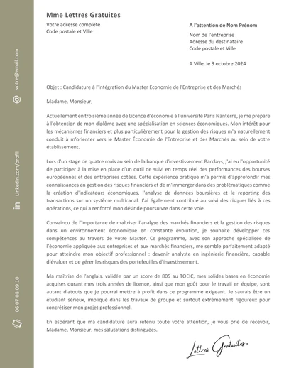 Une lettre de motivation pour un Master Economie de l'Entreprise et des Marchés