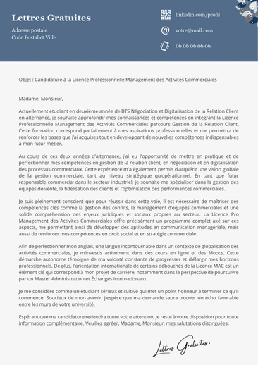 Une lettre de motivation pour la Licence Pro Management des Activités Com