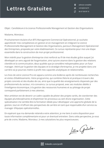 Une lettre de motivation pour la Licence Pro Management et Gestion des Organisat