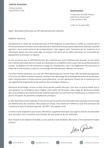 Une lettre de motivation pour le CAP Maintenance des matériels