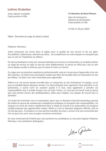 Une lettre de motivation d'une demande de stage HR