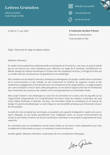 Une lettre de motivation d'une demande de stage en graphisme