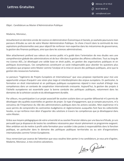 Une lettre de motivation pour un Master Administration Publique